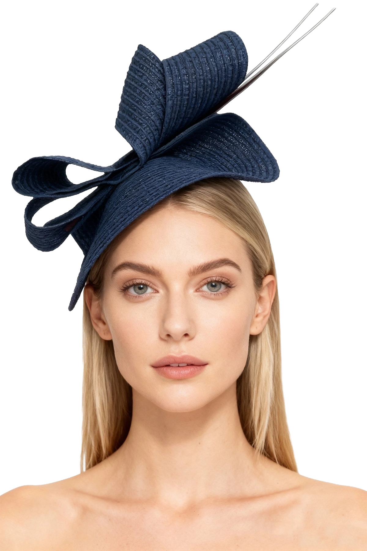 Tocado azul modelo Valencia con plumas diseño unico