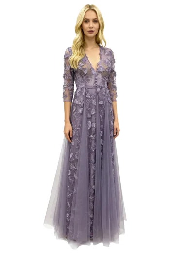 Vestido largo lila con media manga modelo Lorena