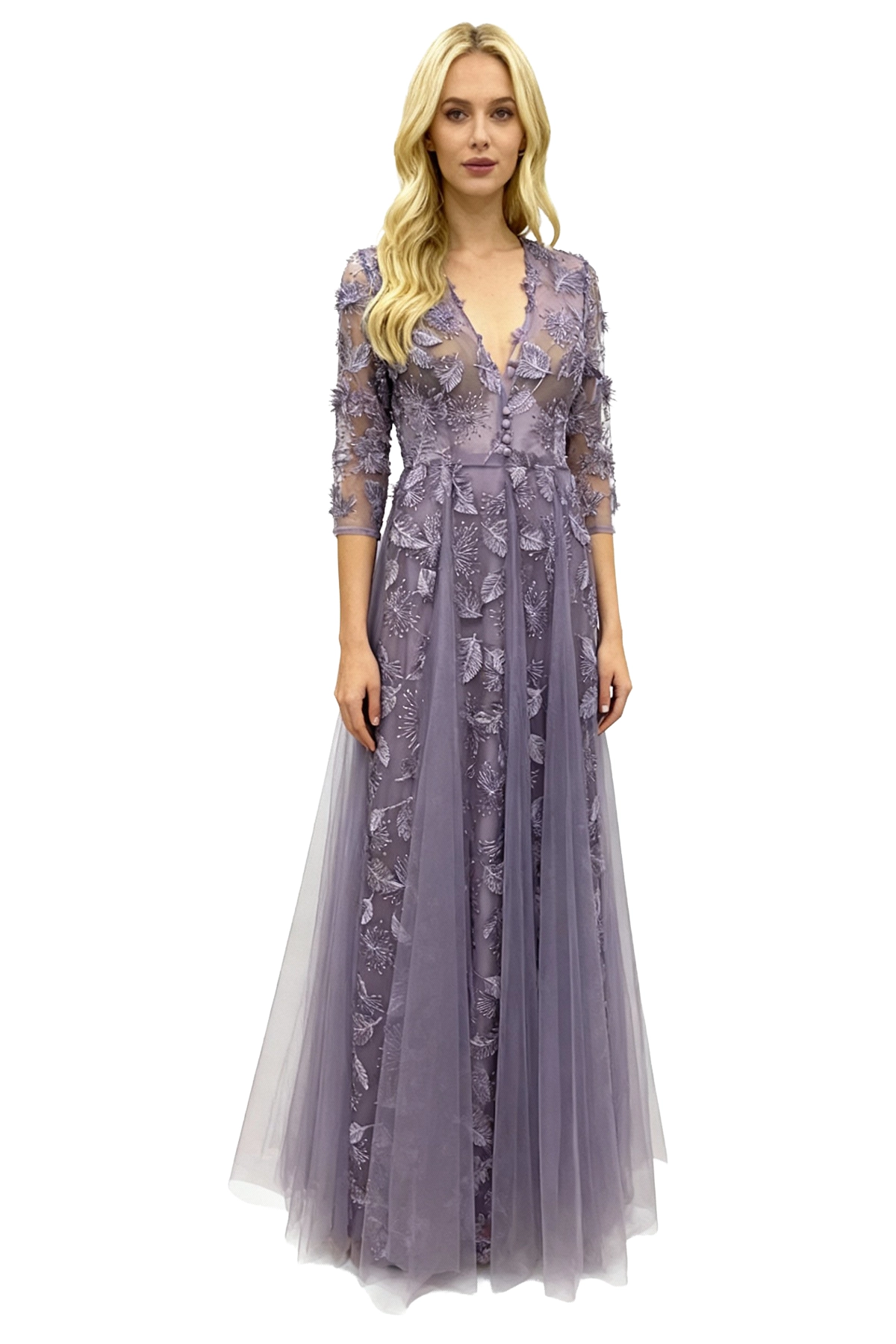 Vestido largo lila con media manga modelo Lorena